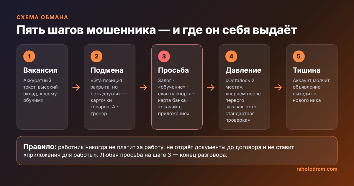 Путь мошенника за пять шагов: вакансия → отклик → подмена задачи → просьба → исчезновение